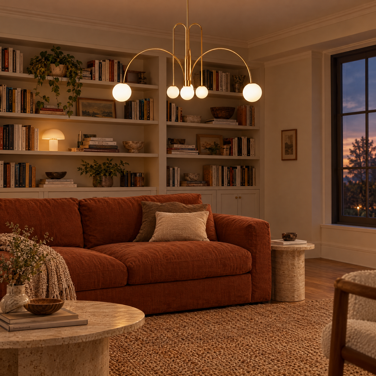 Finale Glass Globe Pendant Chandelier in Copper plated in a reading lounge