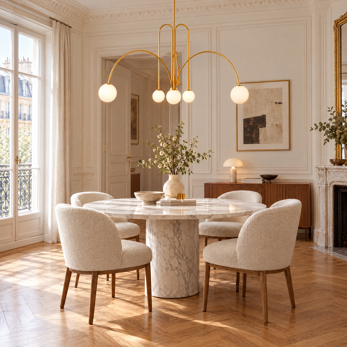 Finale Glass Globe Pendant Chandelier in Copper plated in a Parisian dining room