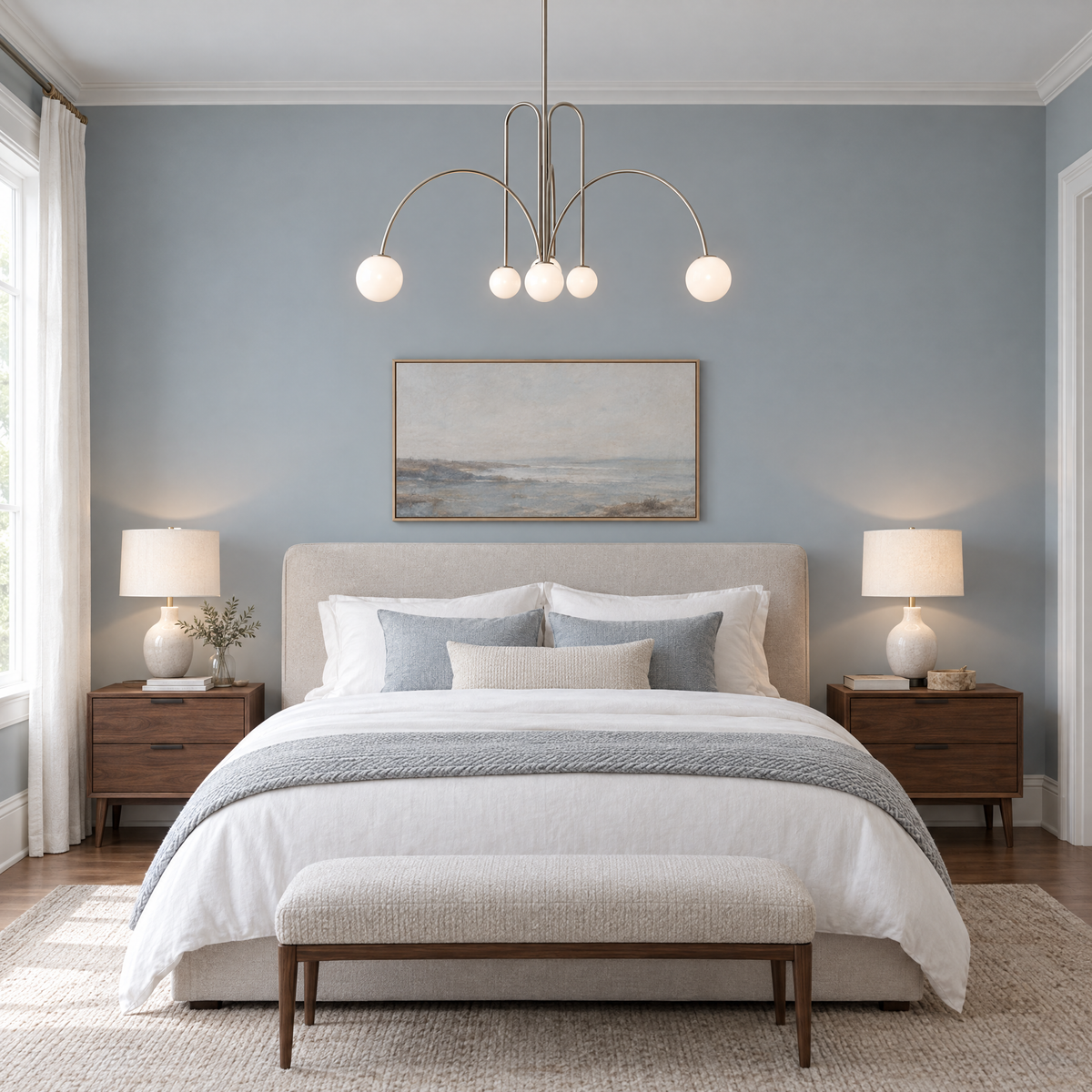 Finale Glass Globe Pendant Chandelier in Nickel in a calm bedroom