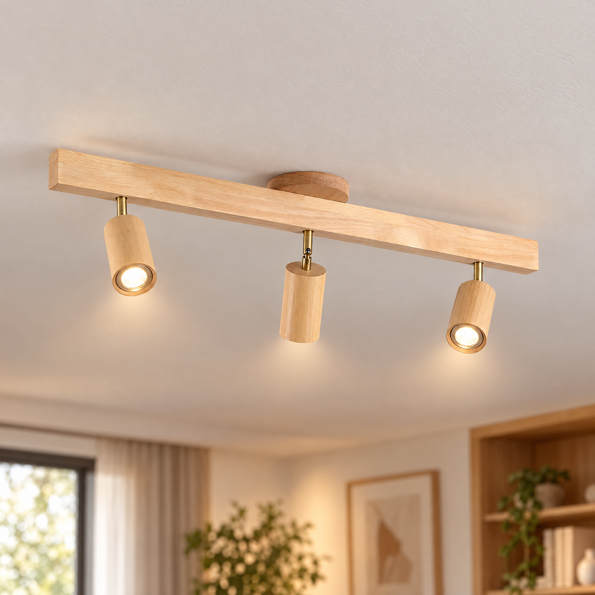Rafter Wood Beam Spotlight Ceiling Light in Wood Color, close-up of spotlight heads