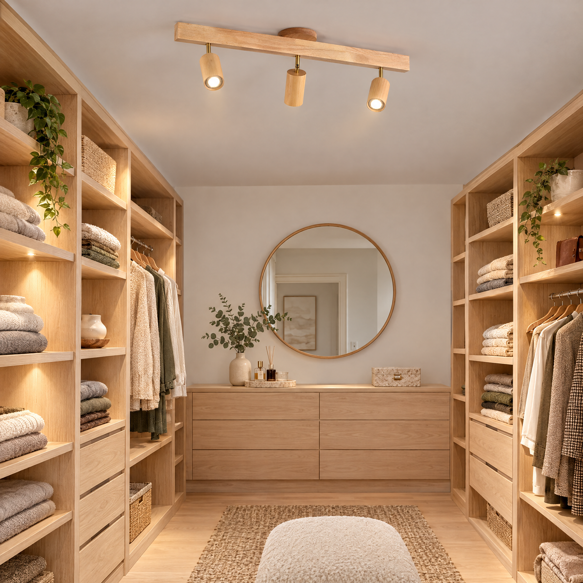 Rafter Wood Beam Spotlight Ceiling Light in Wood Color in a dressing room