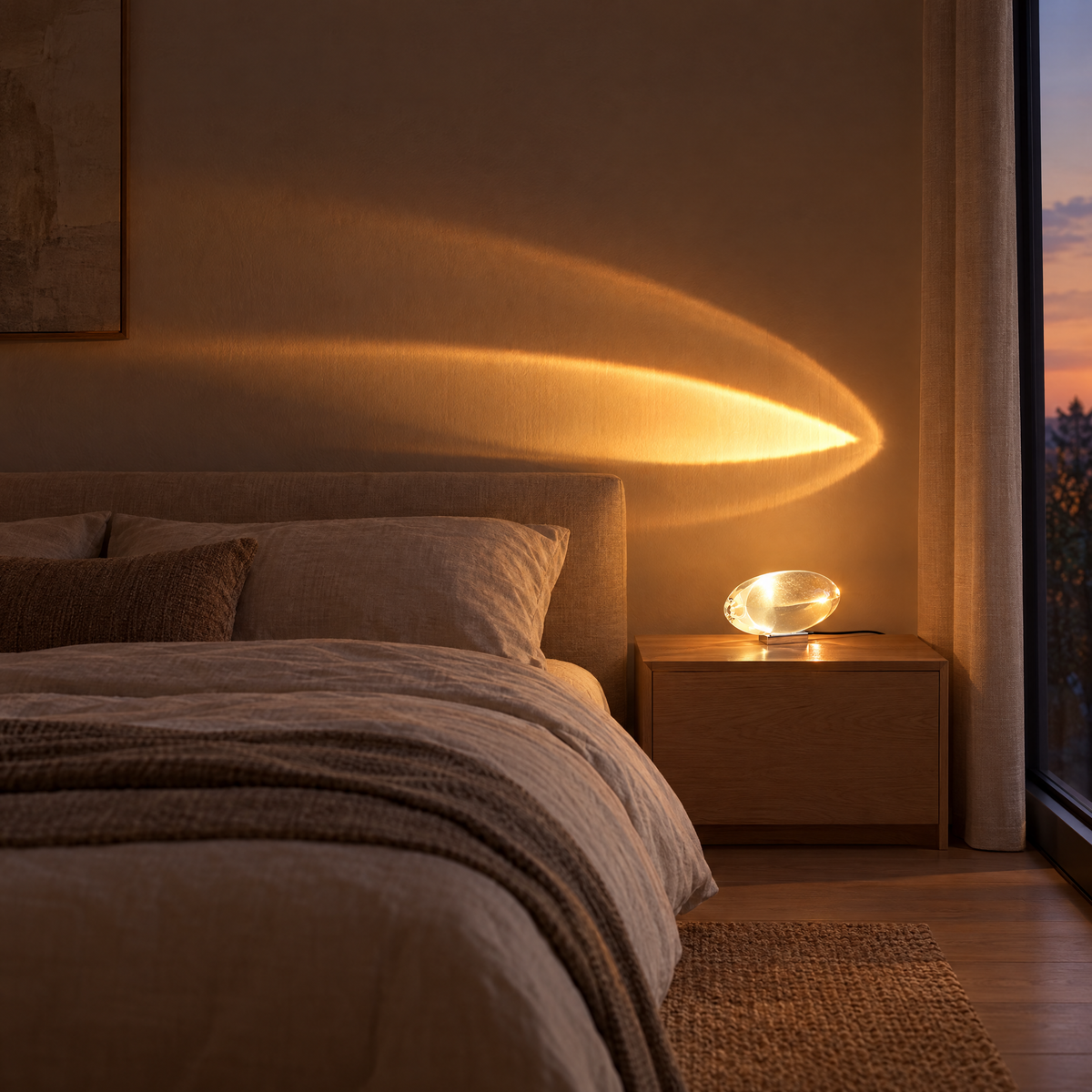Atman Crystal Glass LED Table Lamp, Warm Light, on a bedroom nightstand
