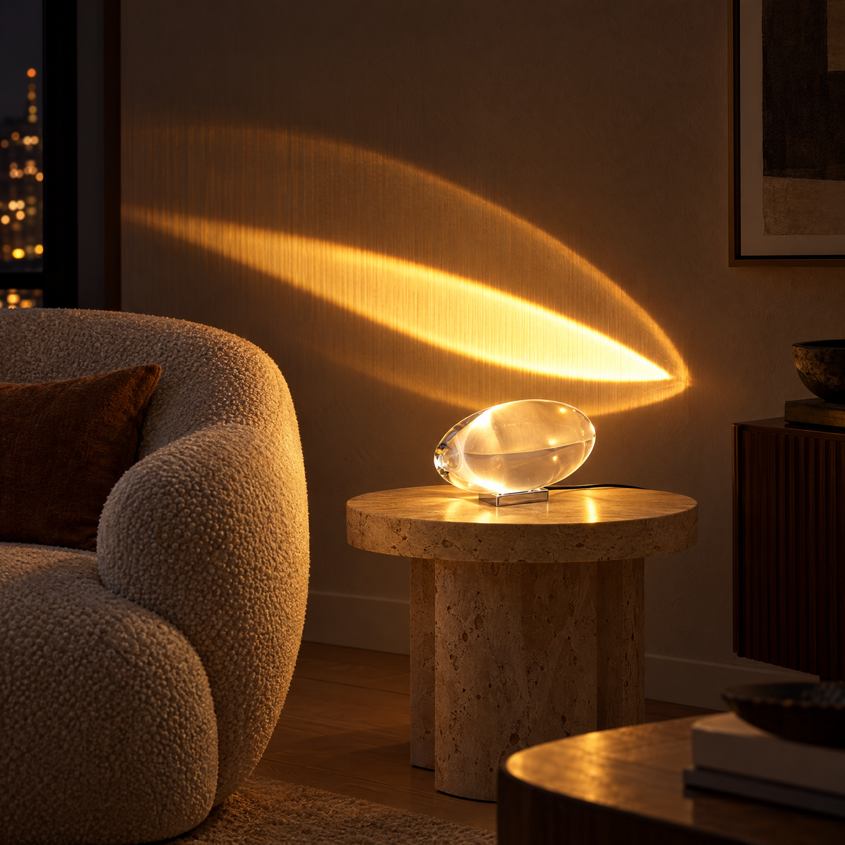 Atman Crystal Glass LED Table Lamp, Warm Light, in a living room corner