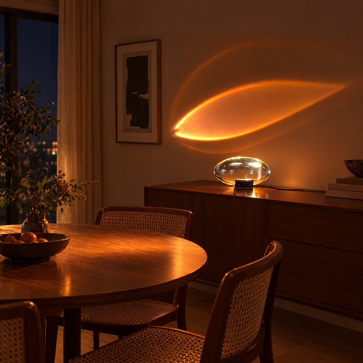 Atman Crystal Glass LED Table Lamp, Sunset red, in a dining nook