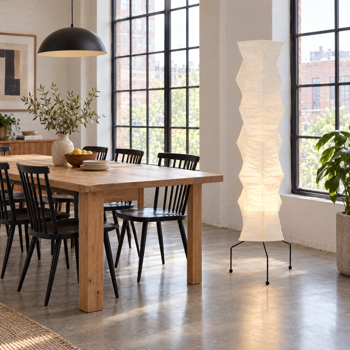 Washi Rice Paper Floor Lamp Dia 18.5 in, beside a loft dining table