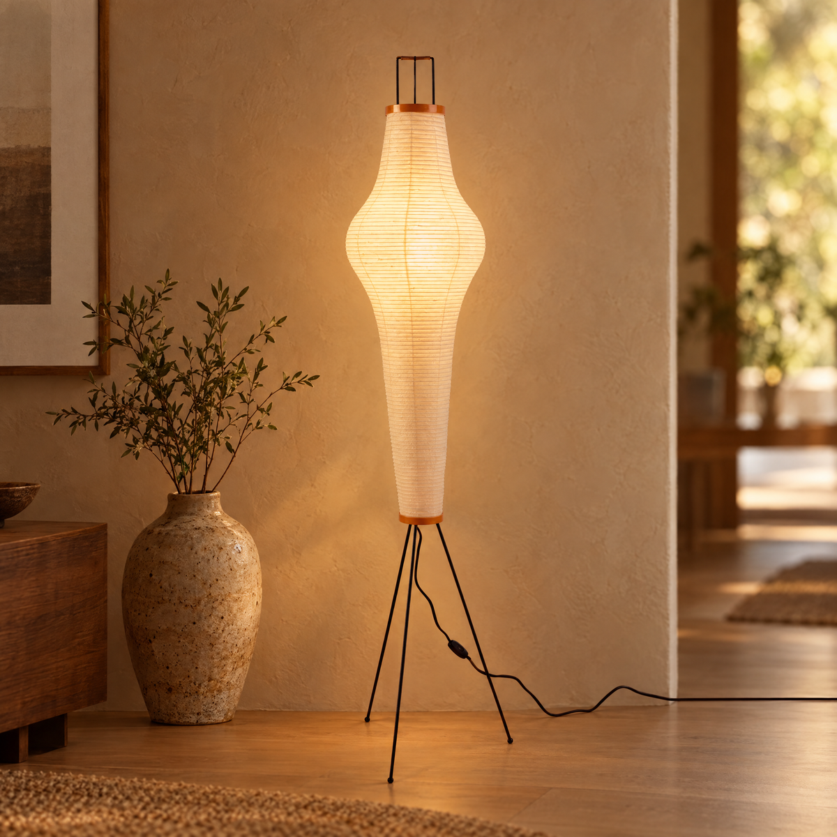 Washi Rice Paper Floor Lamp Style B, close-up of the slim paper shade