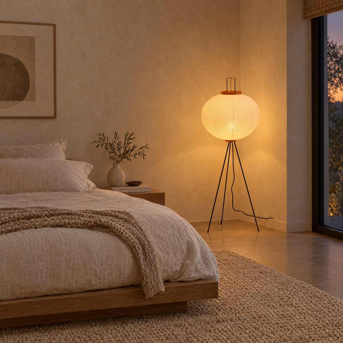 Washi Rice Paper Floor Lamp Style A in a minimalist bedroom