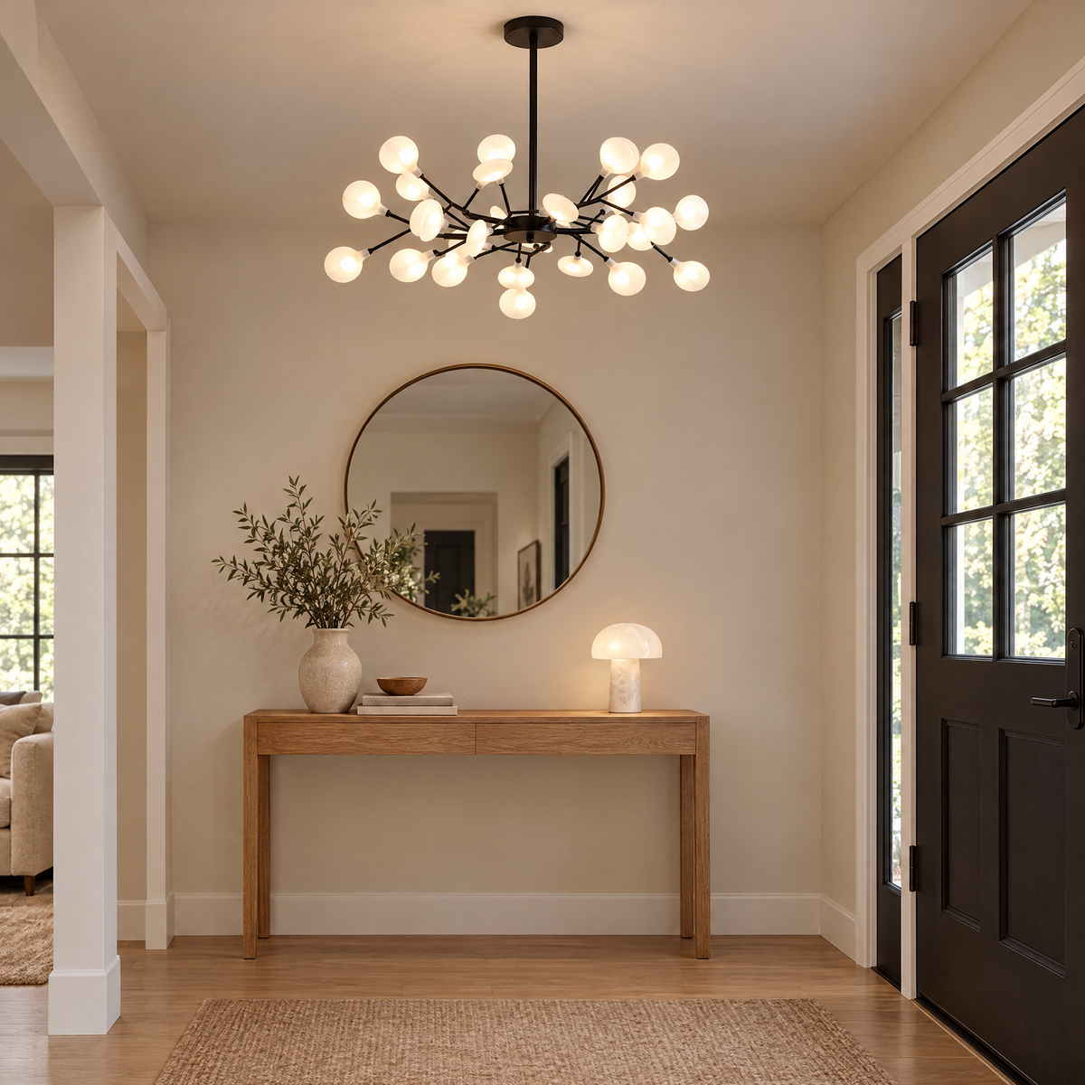 Lucciola Firefly Sputnik Chandelier, 30 heads, Black, in an entryway