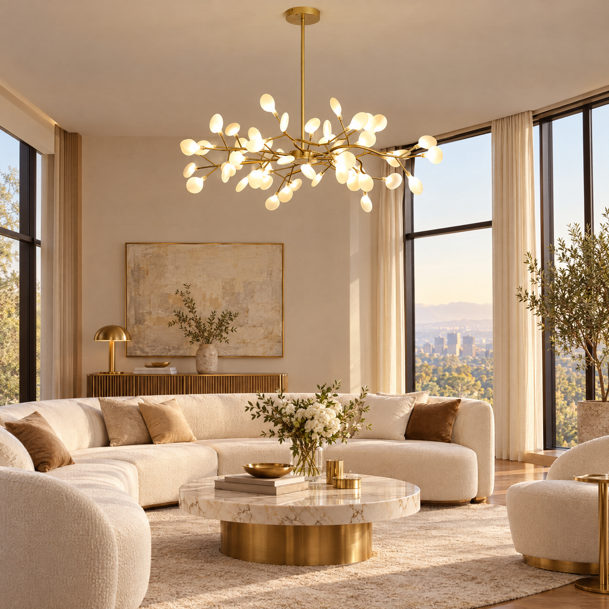 Lucciola Firefly Sputnik Chandelier, 54 heads, Gold, in a living room