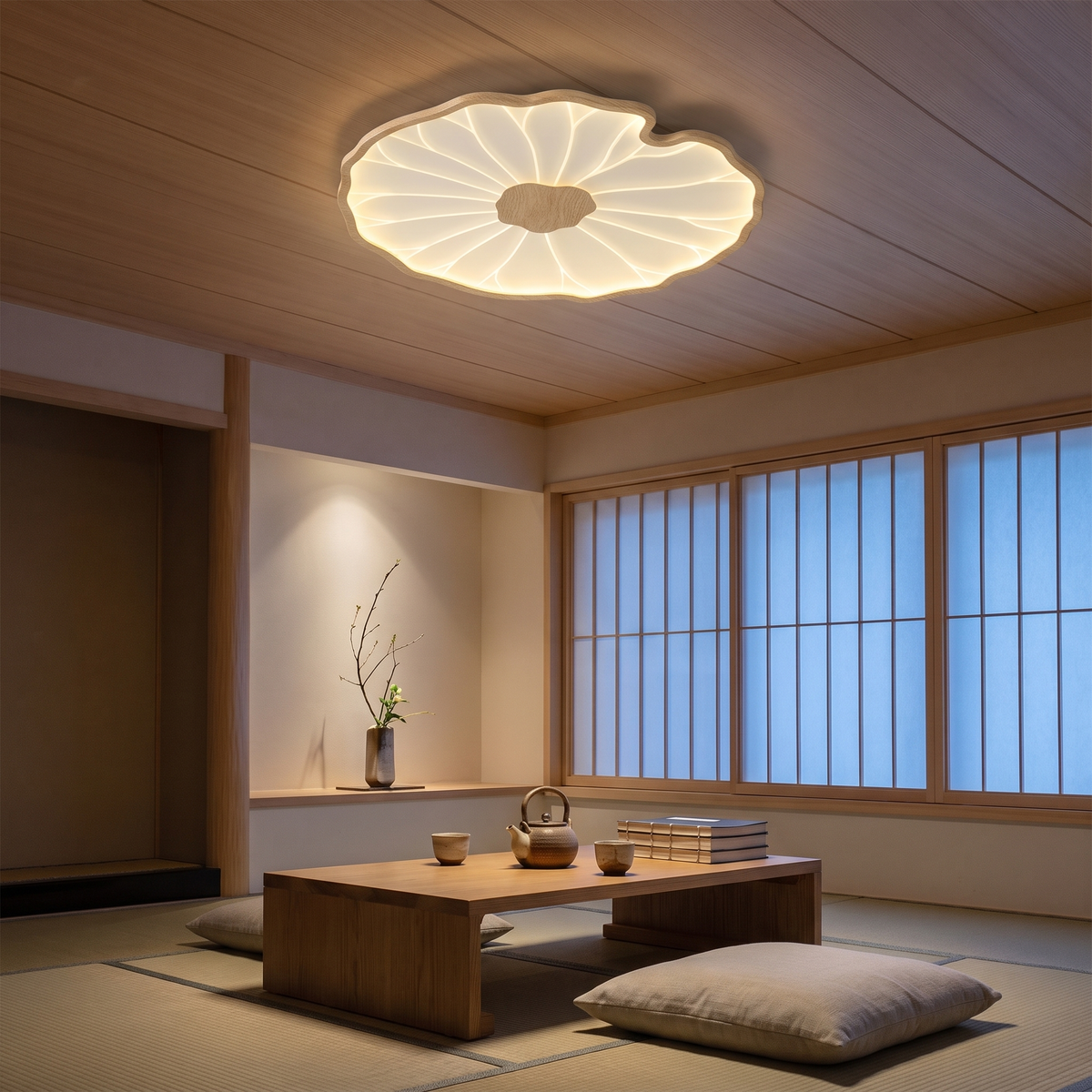 Nymphea round natural wood lotus leaf ceiling light in a Japanese tea room