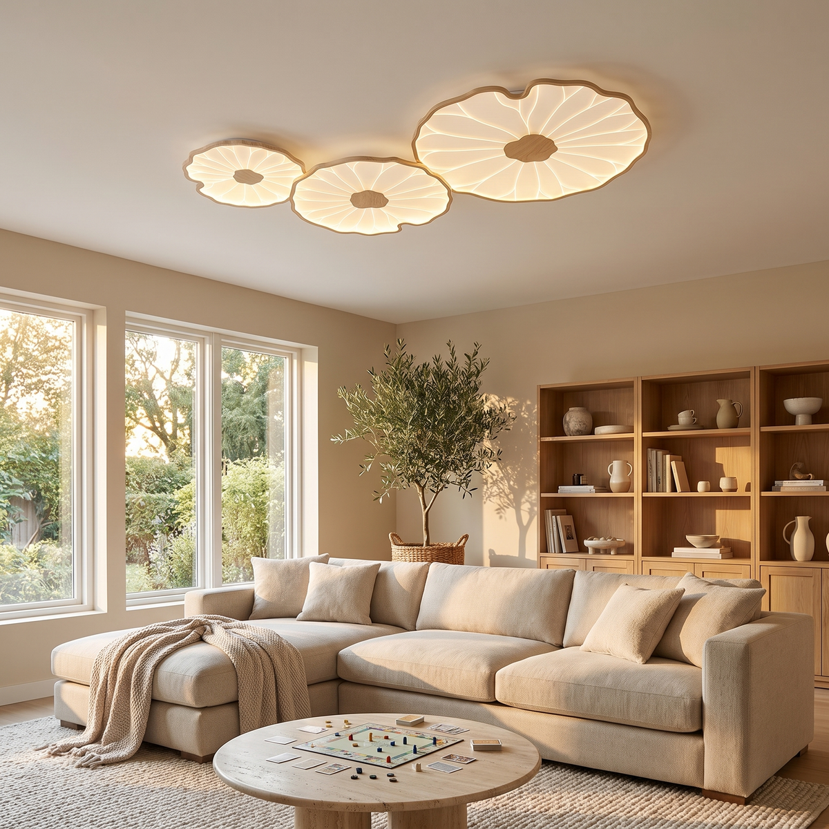 Nymphea three leaf natural wood ceiling light in an open plan living room