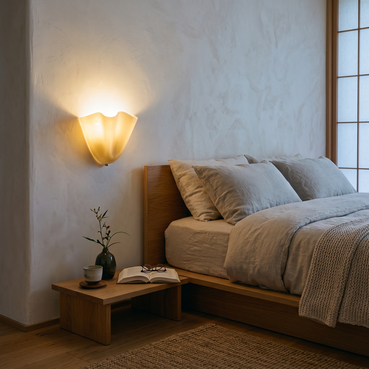 Petalia Beige glass wall sconce in a Japandi bedroom