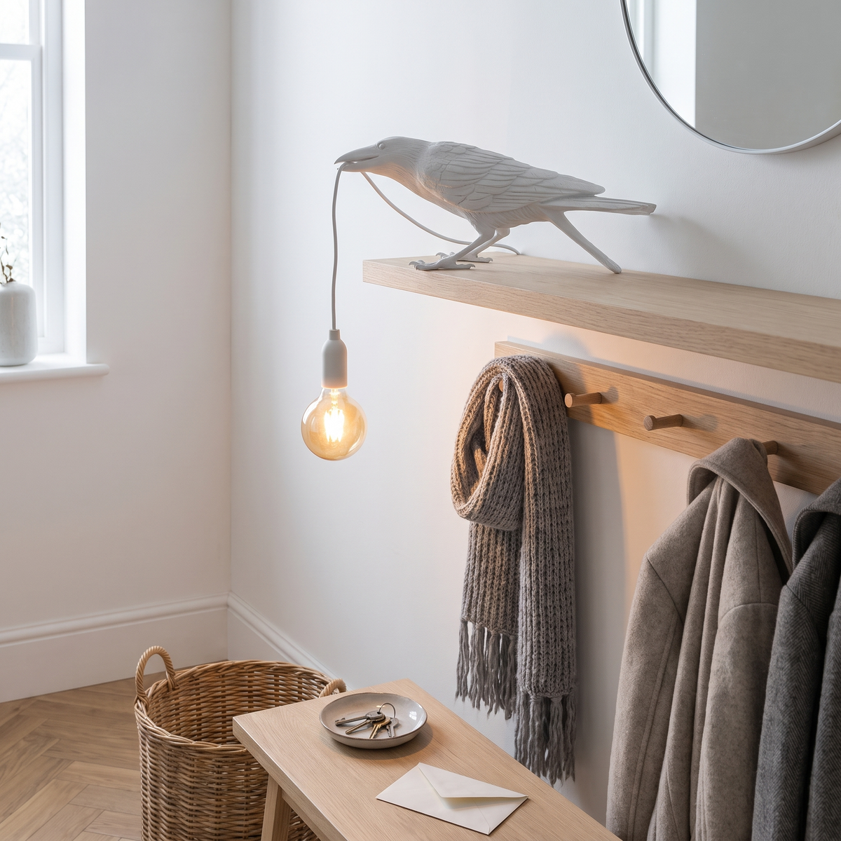 Corbeau white low raven table lamp in a Scandinavian entry hall