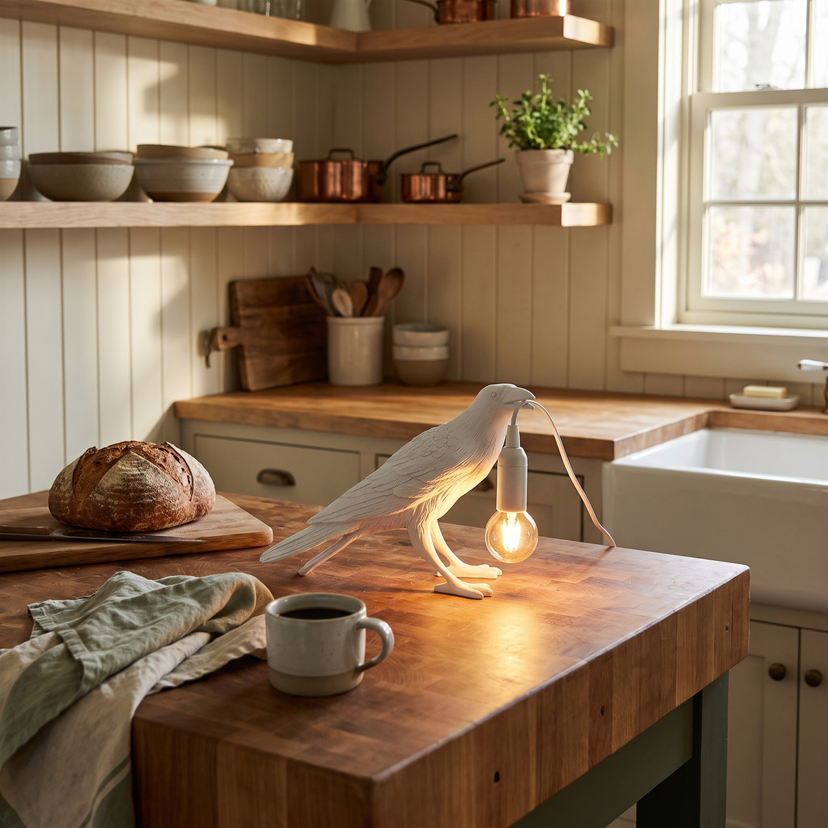 Corbeau white upright raven table lamp in a farmhouse kitchen