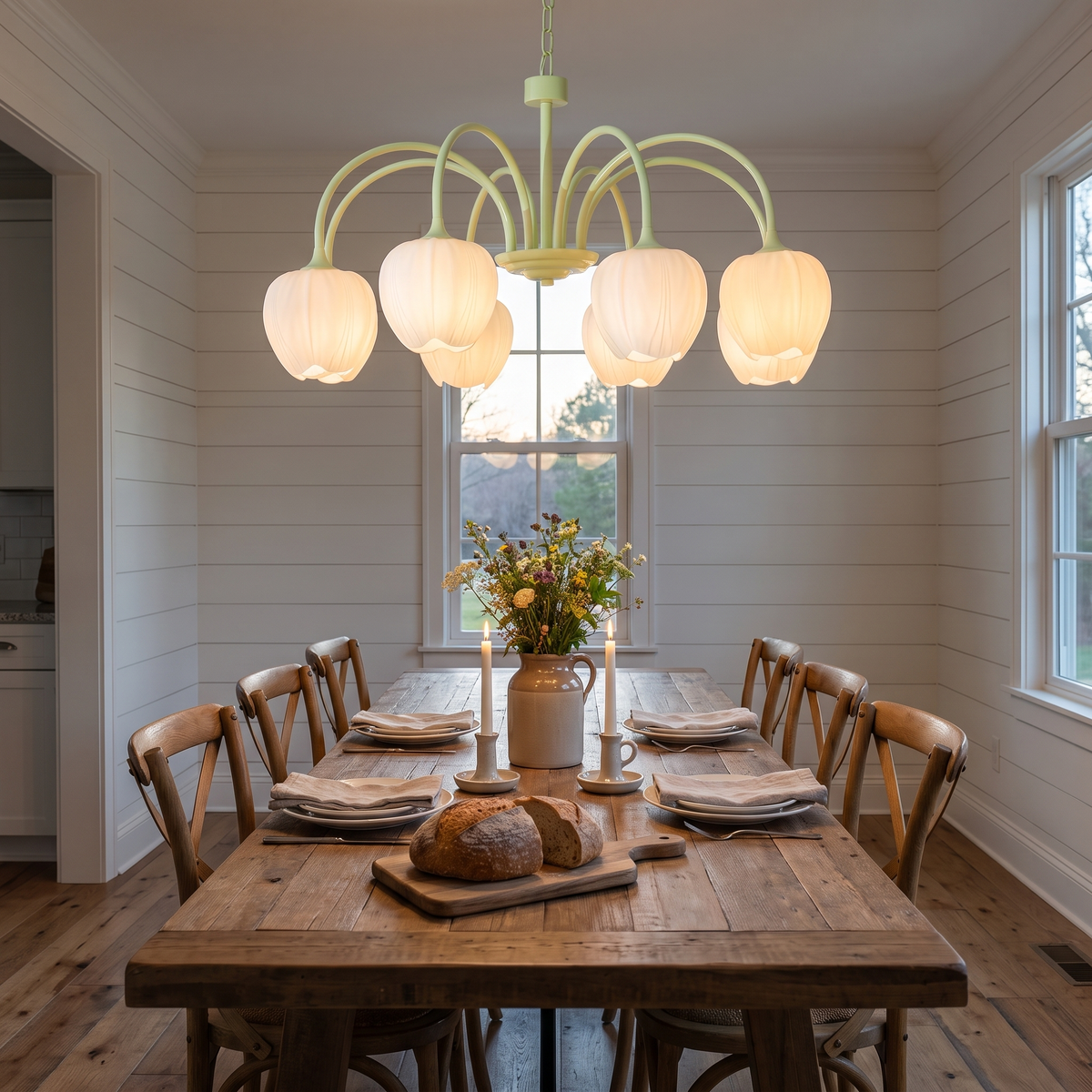 Tulipa 8 heads Matcha & White glass tulip chandelier in a farmhouse dining room