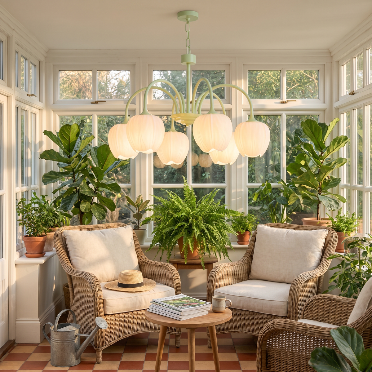 Tulipa 6 heads Matcha & White glass tulip chandelier in a sunroom