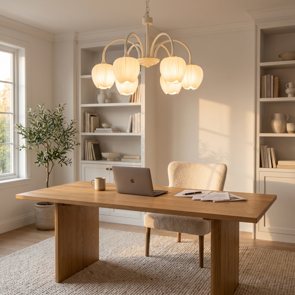 Tulipa 6 heads Creamy white & White glass tulip chandelier in a home office
