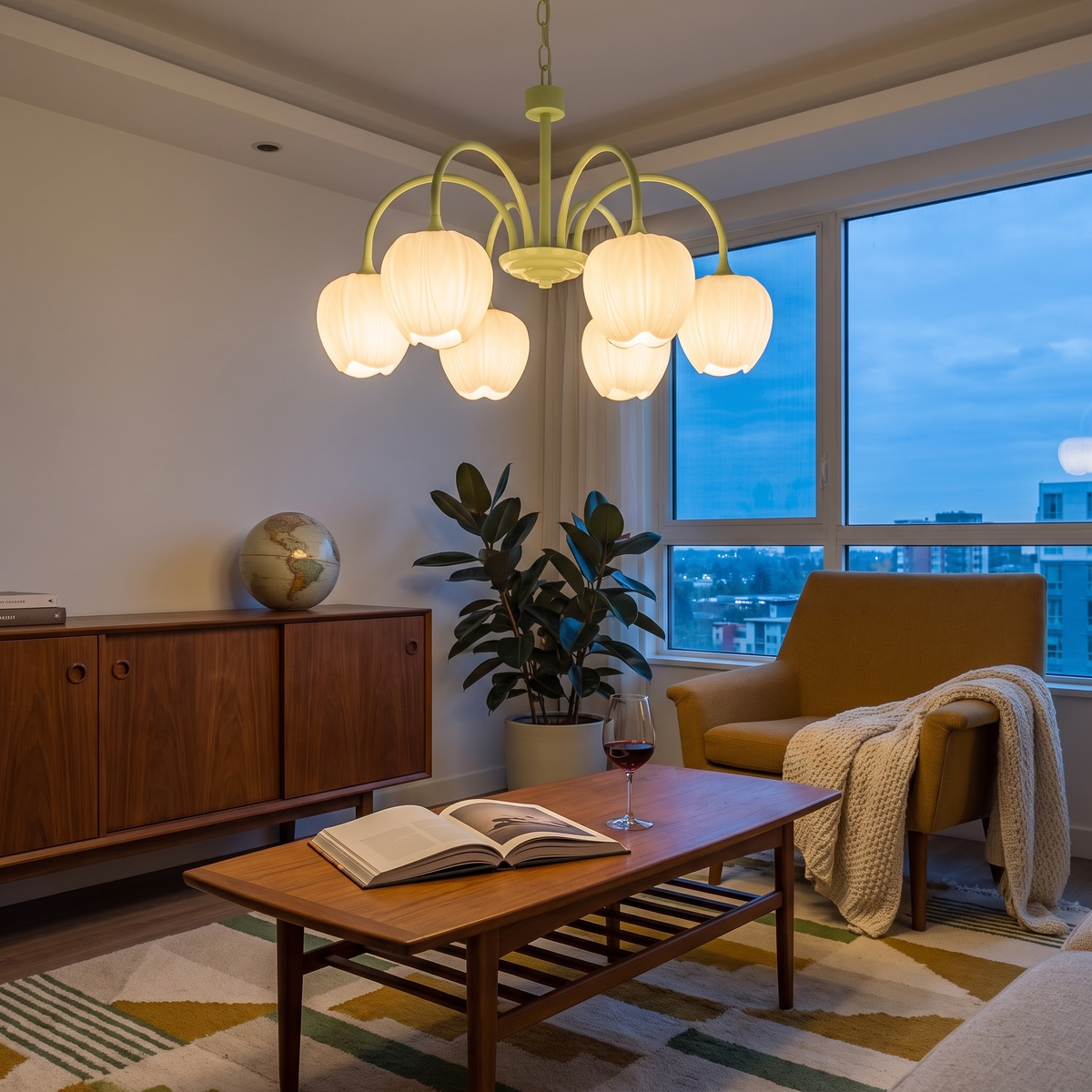 Tulipa 6 heads Matcha & White glass tulip chandelier in a mid-century living room