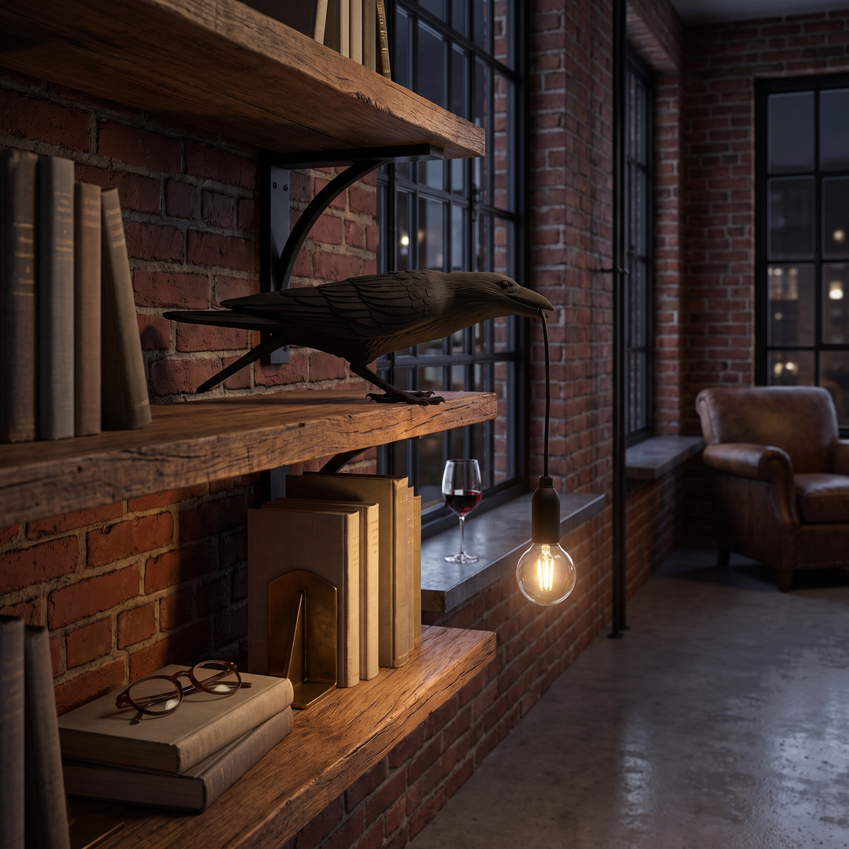 Corbeau black low raven table lamp in an industrial loft