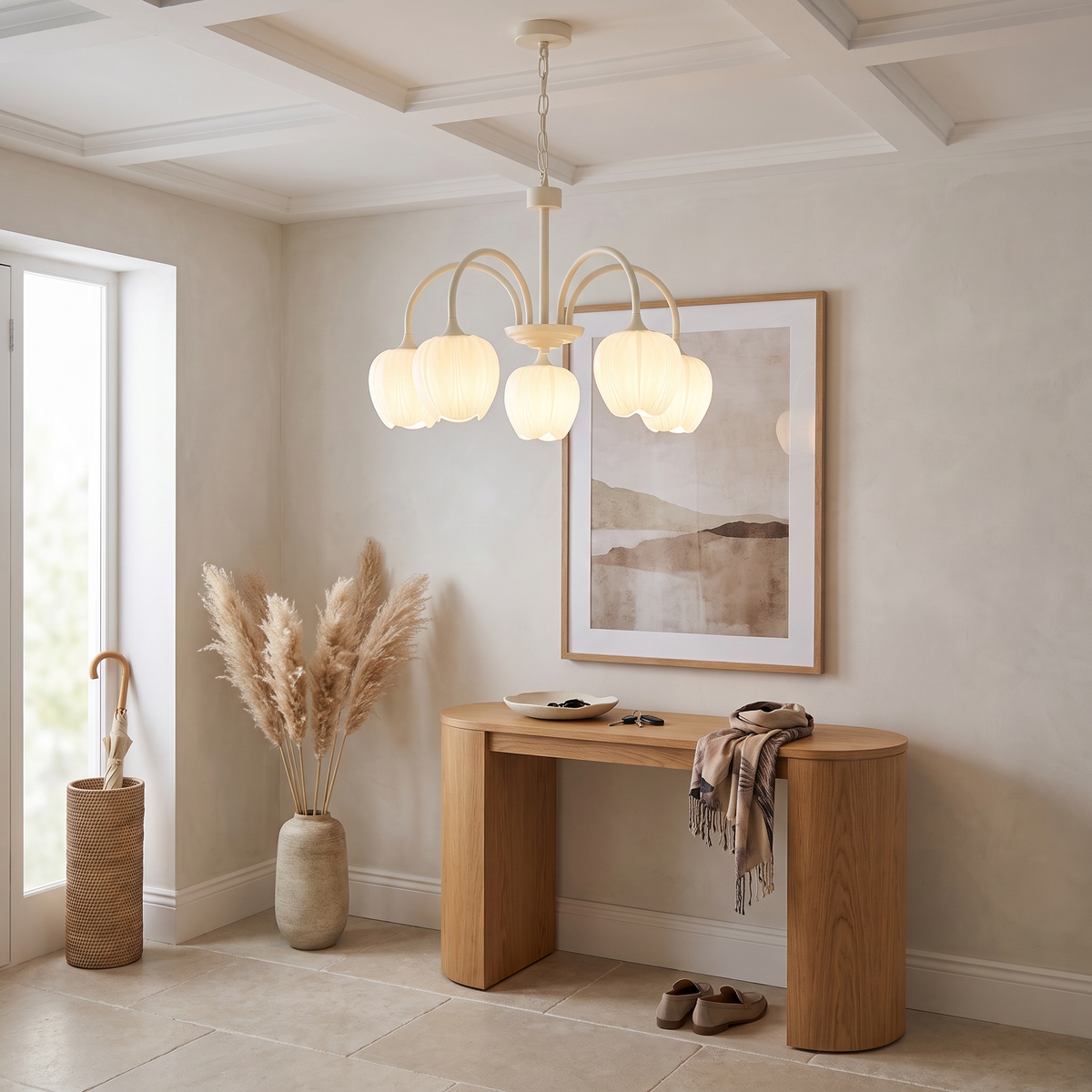 Tulipa 5 heads Creamy white & White glass tulip chandelier in an entry hall
