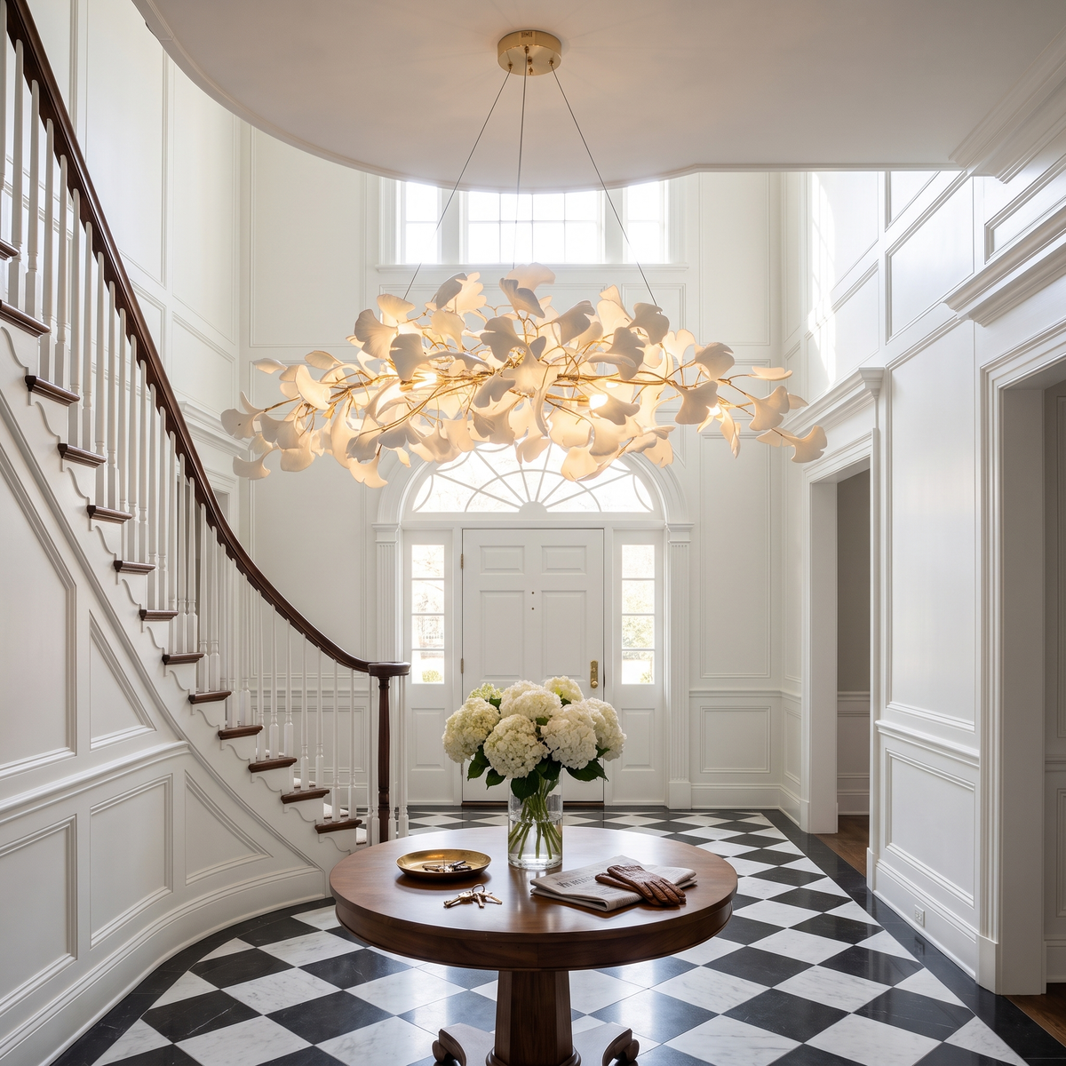 Icho Gold linear ginkgo leaf chandelier in a grand entry foyer