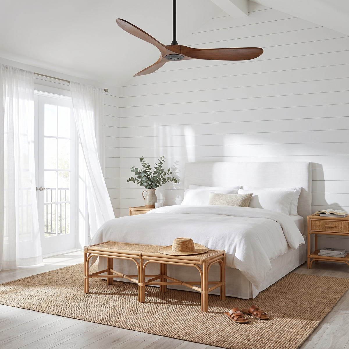 Sirocco walnut wood and black ceiling fan in a coastal bedroom
