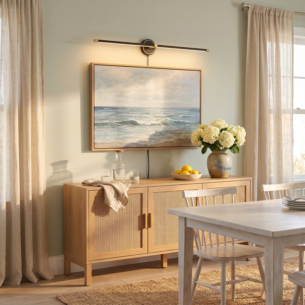 Lumio Black+Gold & Warm Light linear plug-in picture light in a coastal dining room above framed art