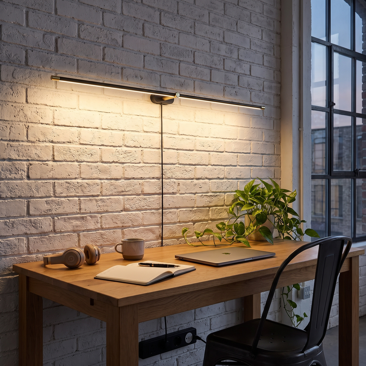 Lumio Black+Gold & Warm Light linear plug-in wall lamp in an industrial loft home office above the desk