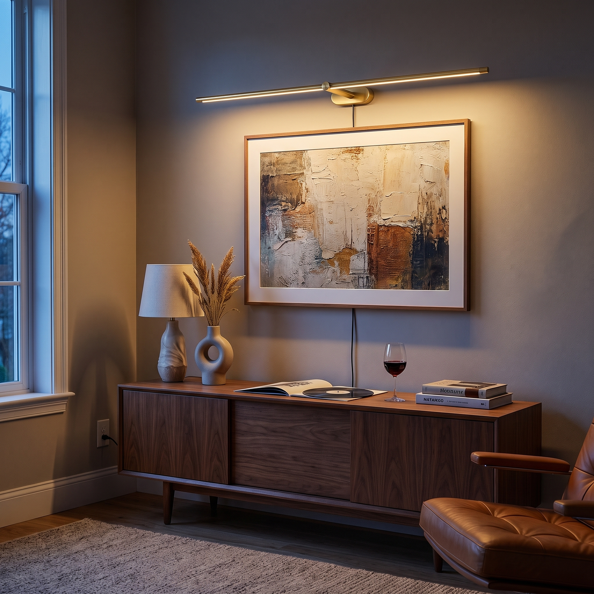 Lumio Gold & Warm Light linear plug-in picture light in a mid-century living room above framed art