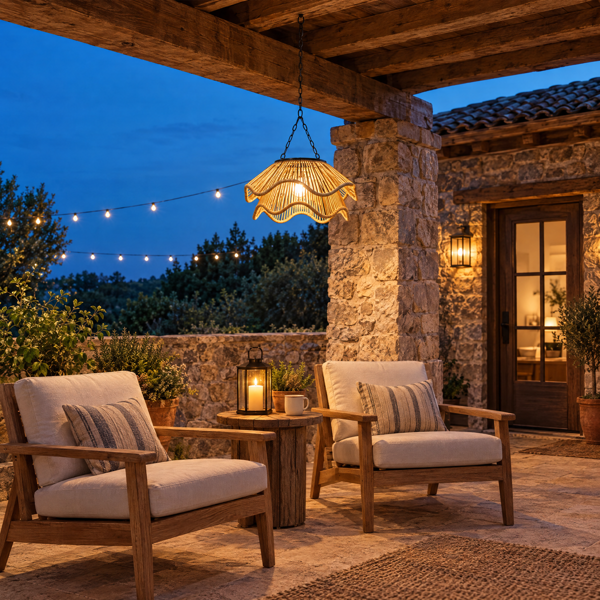 Tinsley Woven Outdoor Pendant Double-Layer, 14.4 in wide, on a stone cottage porch