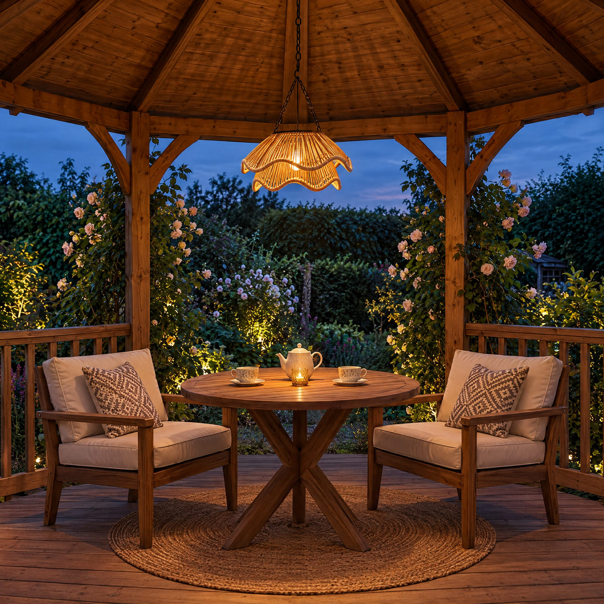 Tinsley Woven Outdoor Pendant Double-Layer, 14.4 in wide, in a garden gazebo