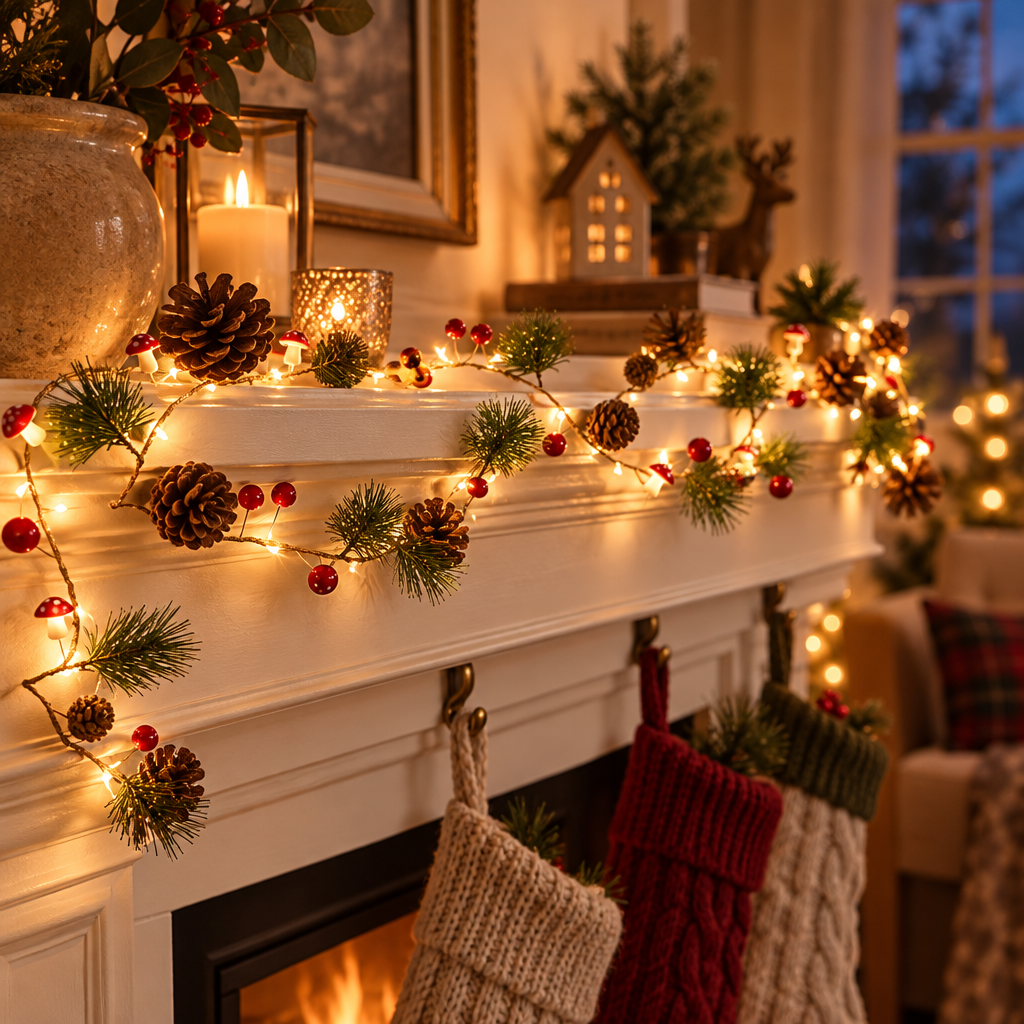 Pinewick pine cone mushroom Christmas string lights on a fireplace mantel