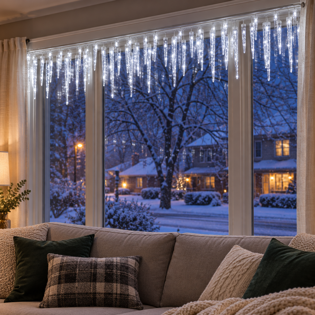 Glacia plug in icicle string lights across a living room window