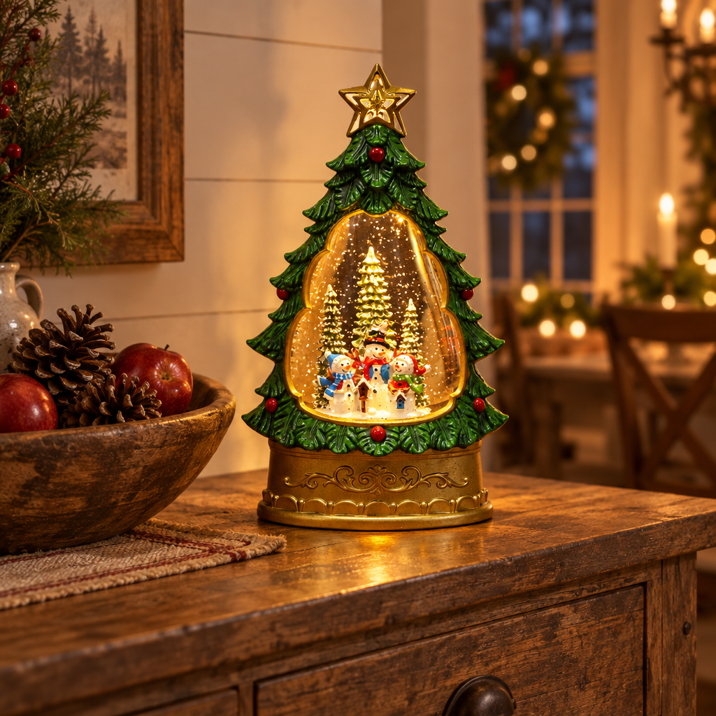 Melodie Christmas tree snow globe lamp three snowmen on a farmhouse sideboard