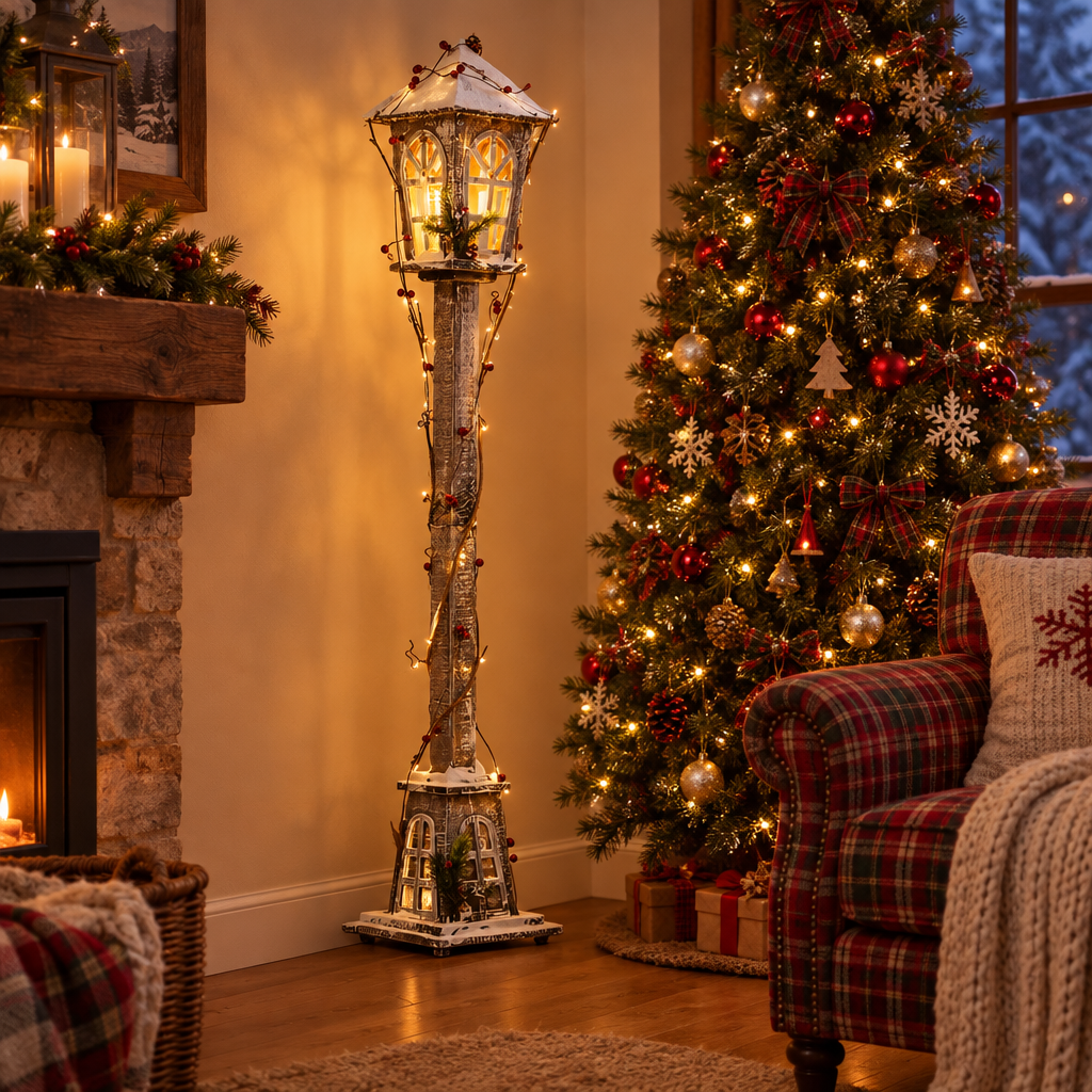Hearthway wooden Christmas street lamp in a living room by the tree