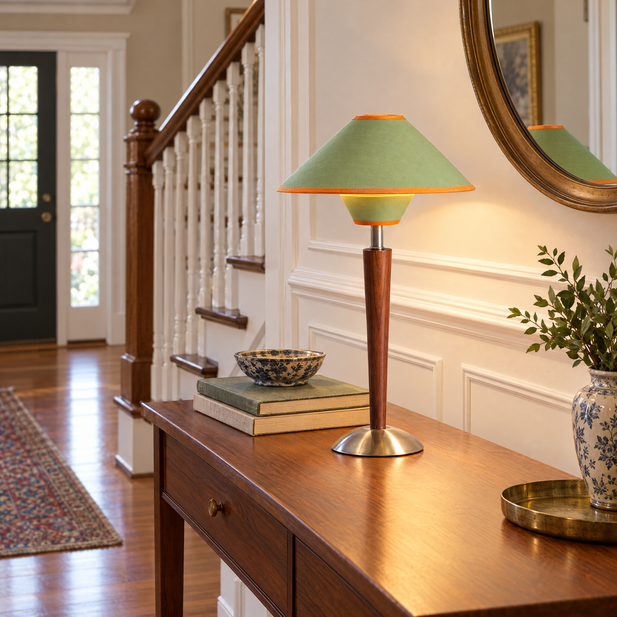 Talonwood table lamp in green on a console table in a Colonial entryway