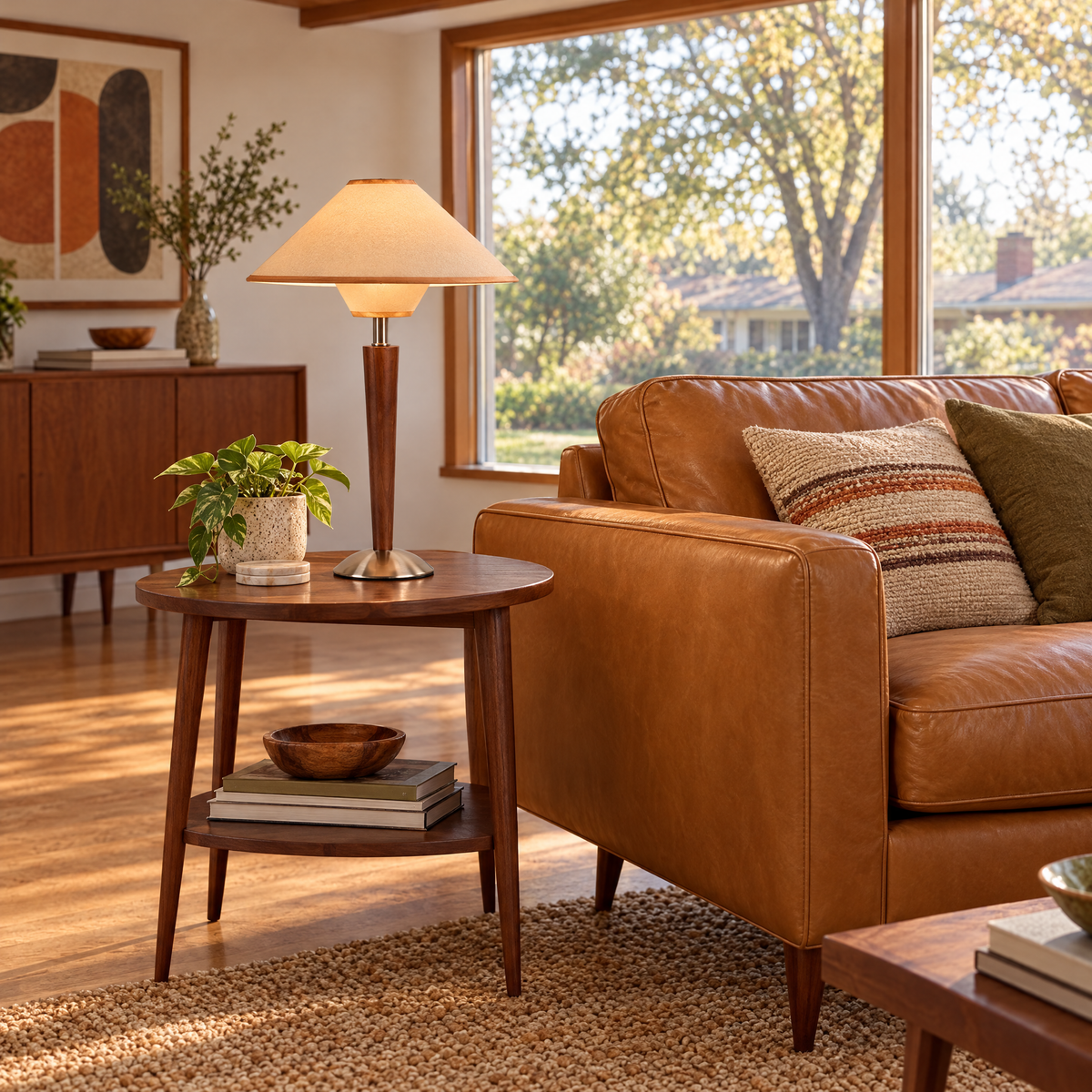 Talonwood table lamp in tan beside a leather sofa in a mid century ranch living room