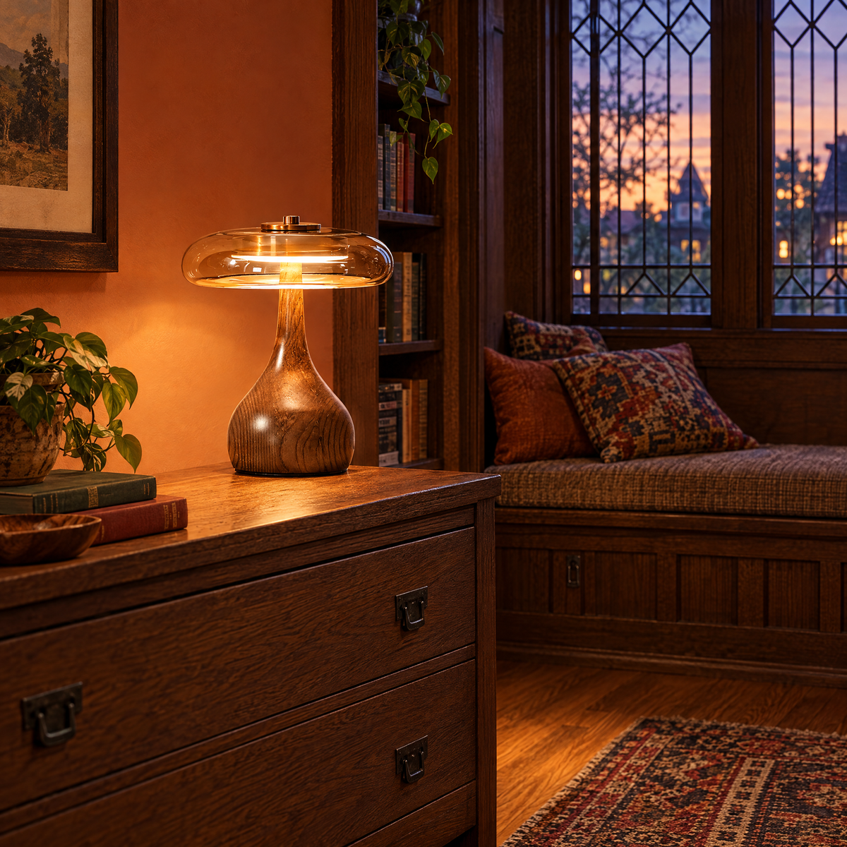 Ambra table lamp in amber glass and walnut on a dresser in a Craftsman bungalow reading nook