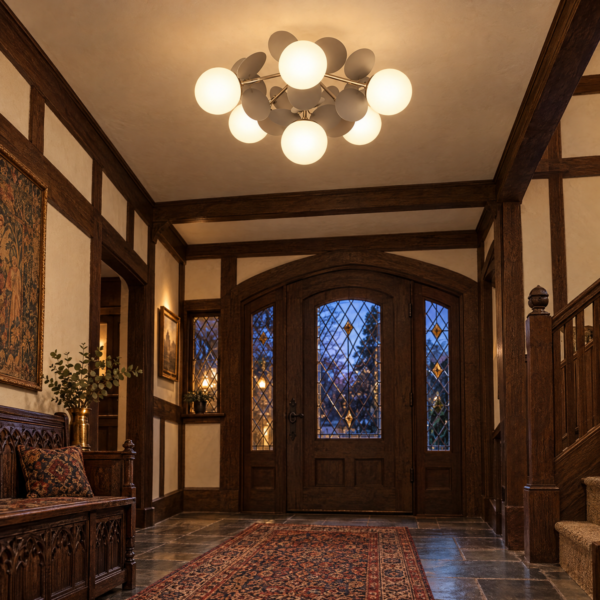Macaron ceiling light in grey, ⌀20.5" x H12.6", in a Tudor Revival home entryway