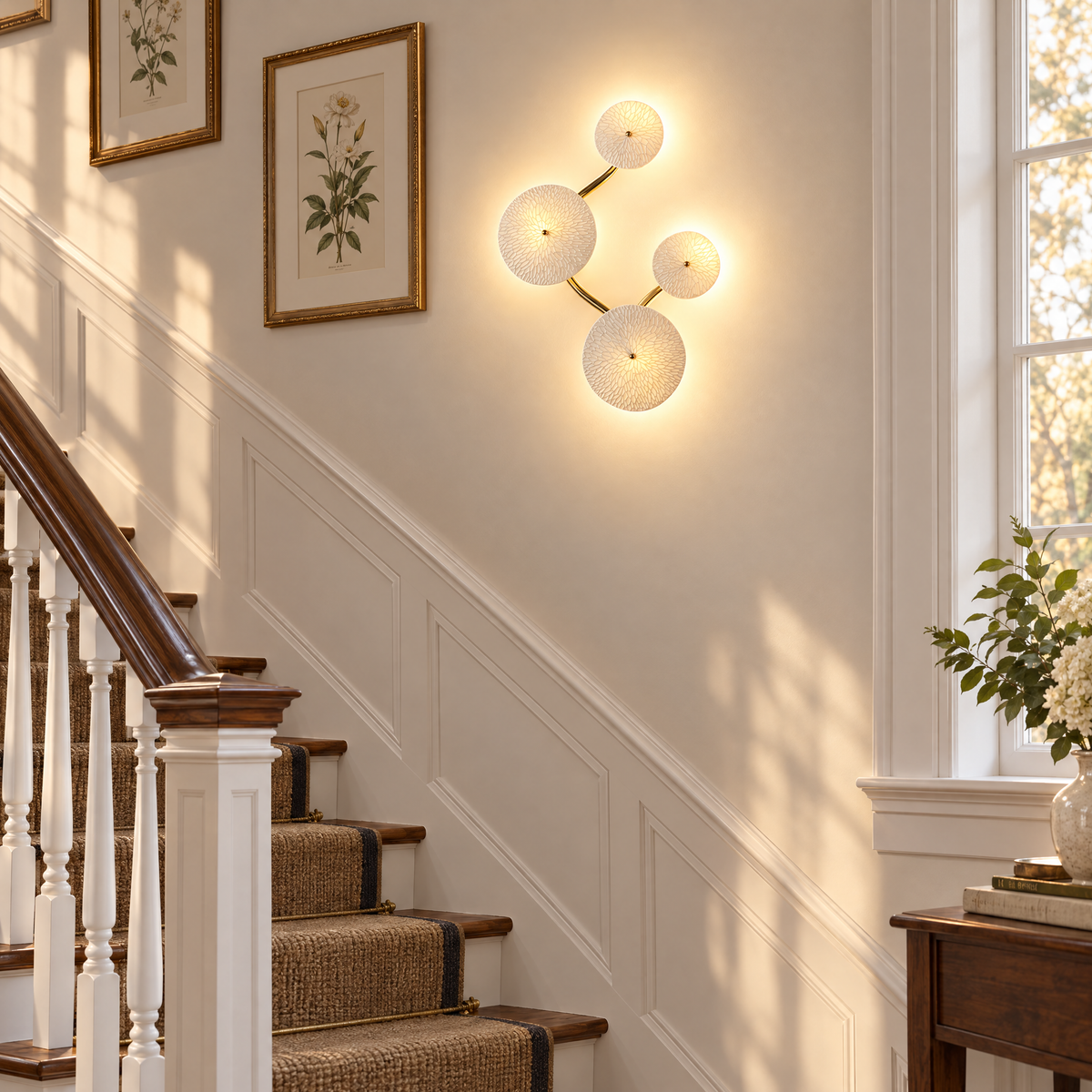 Florin ceramic petal wall sconce in white ceramic and gold, 4-petal vertical, in a New England colonial stairwell