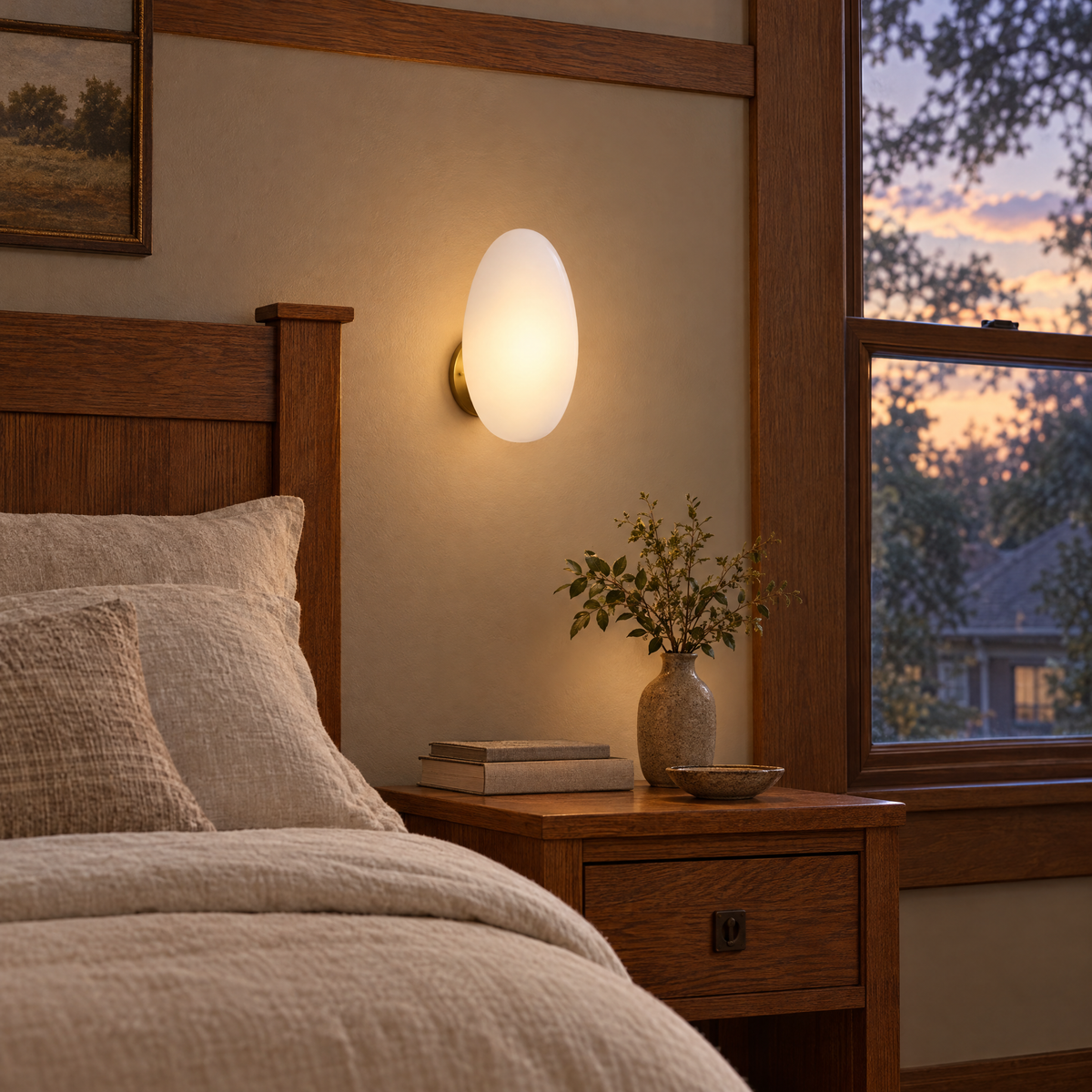 Opaline wall sconce in White & Gold, shape ∅8.6" x H13.7" in a Craftsman bungalow bedroom