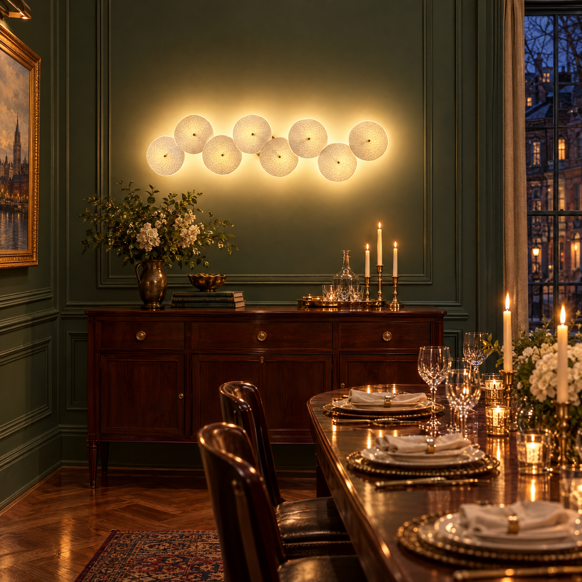 Florin ceramic petal wall sconce in white ceramic and gold, 8-petal horizontal, in a Boston Georgian townhouse dining room