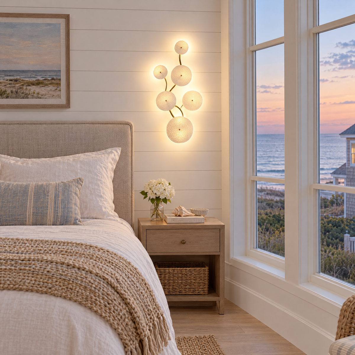 Florin ceramic petal wall sconce in white ceramic and gold, 6-petal vertical, in a Hamptons shingle-style beach house bedroom