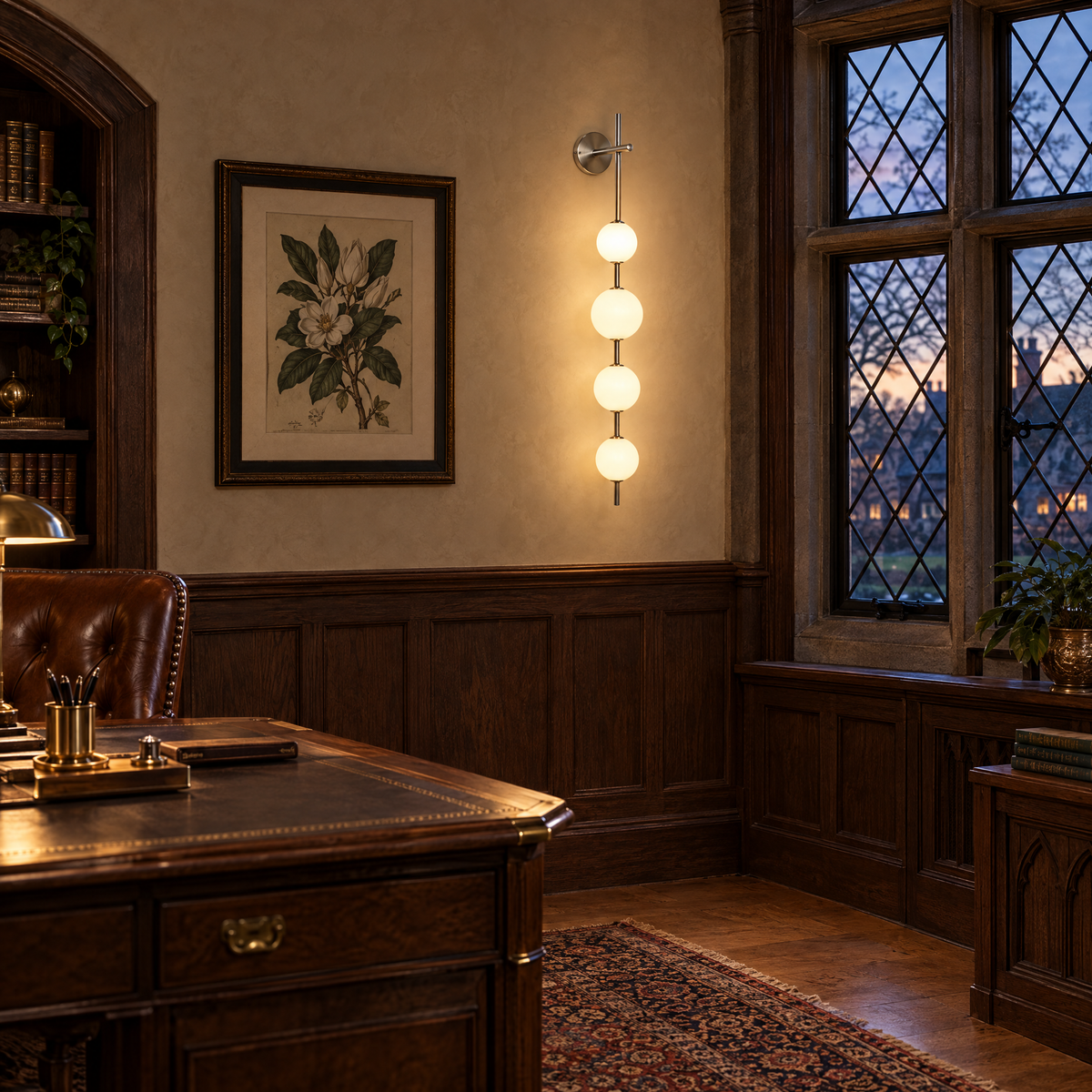 Kaskade globe wall sconce in nickel with 4 globes in a Tudor Revival home office
