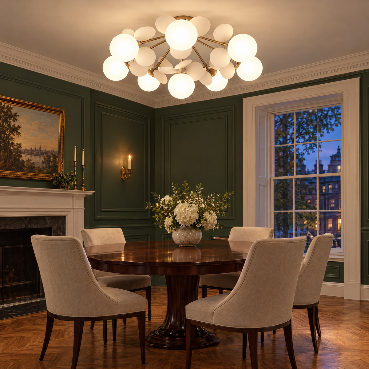 Macaron ceiling light in white, ⌀29.5" x H11", in a Georgian townhouse in Boston dining room