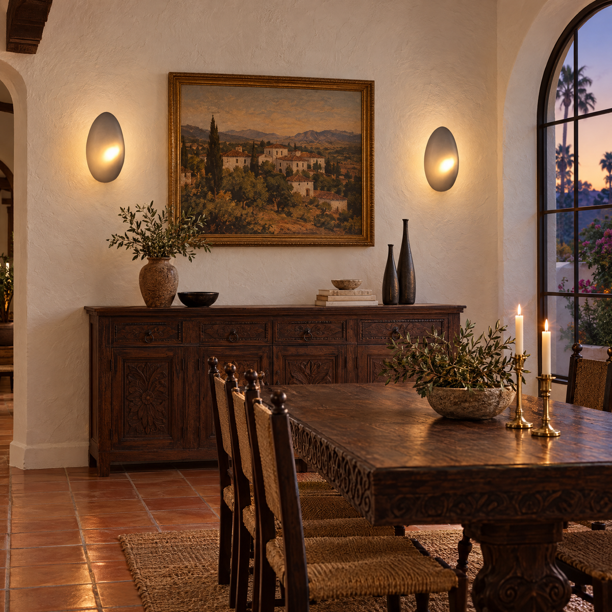 Opaline wall sconce in Smoky Gray & Gold, shape ∅8.6" x H13.7" in a California Spanish Revival dining room