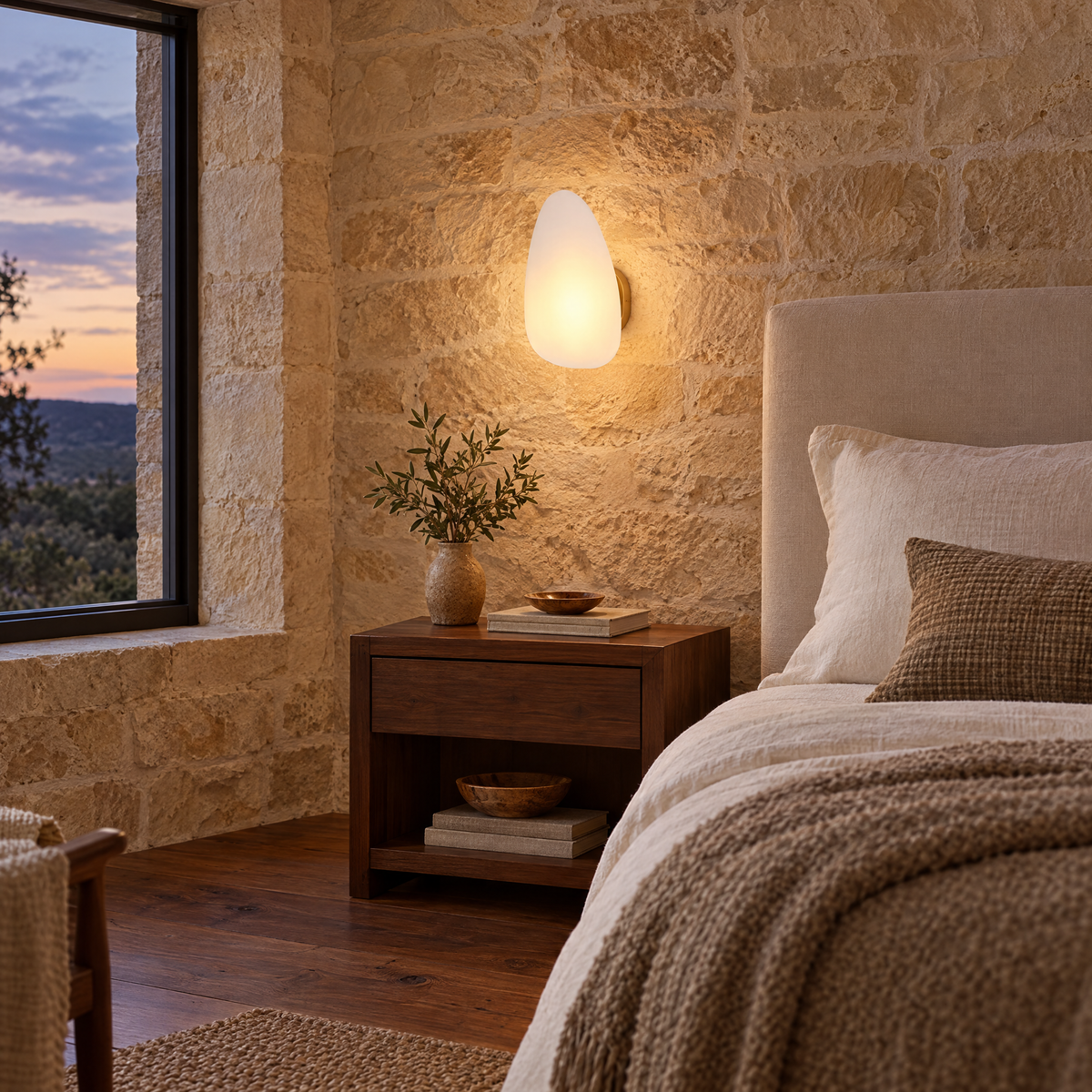 Opaline wall sconce in White & Gold, shape ∅7.1" x H11.8" in a Texas Hill Country stone house bedroom