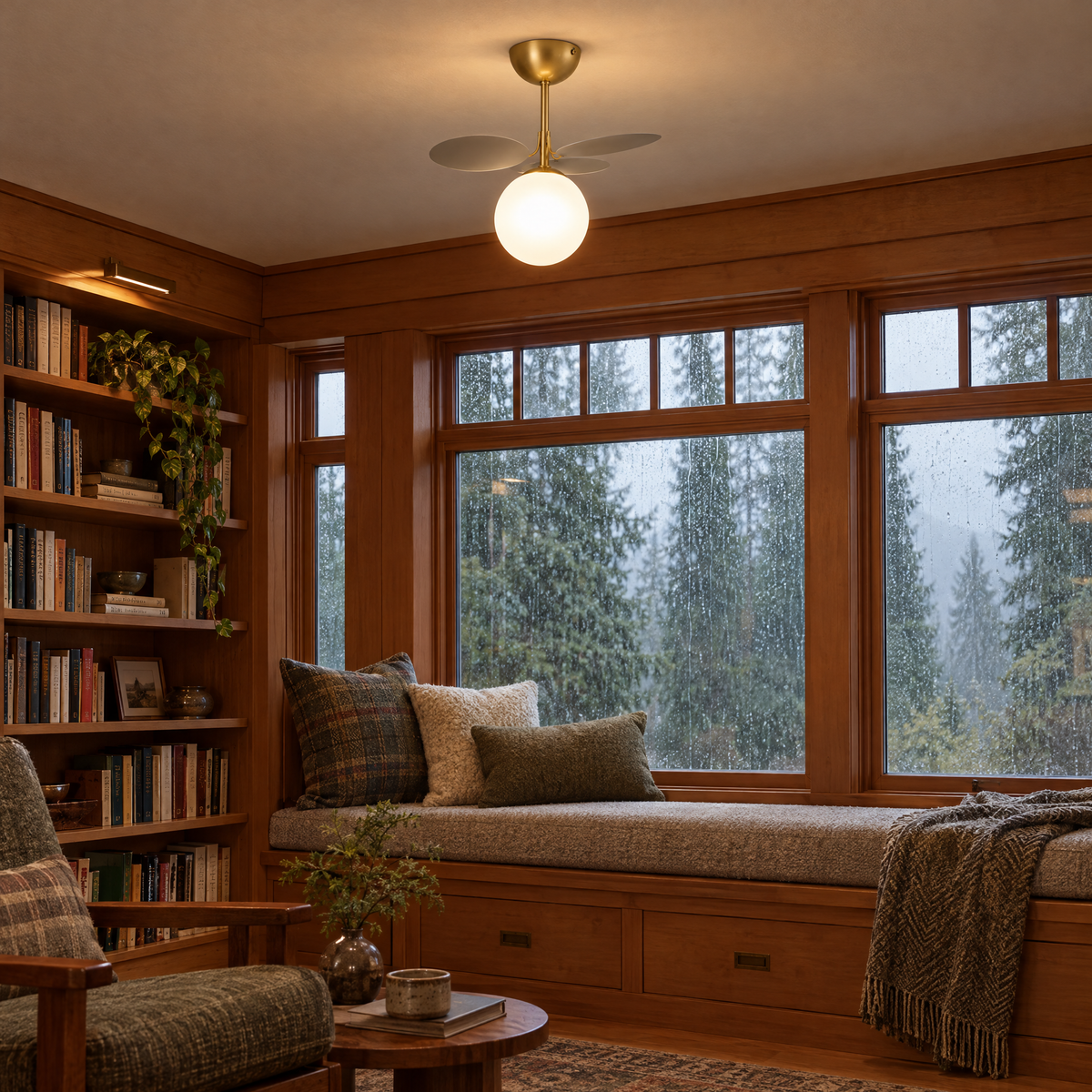 Macaron ceiling light in grey, ⌀9.3" x H11.8", in a Pacific Northwest craftsman reading nook