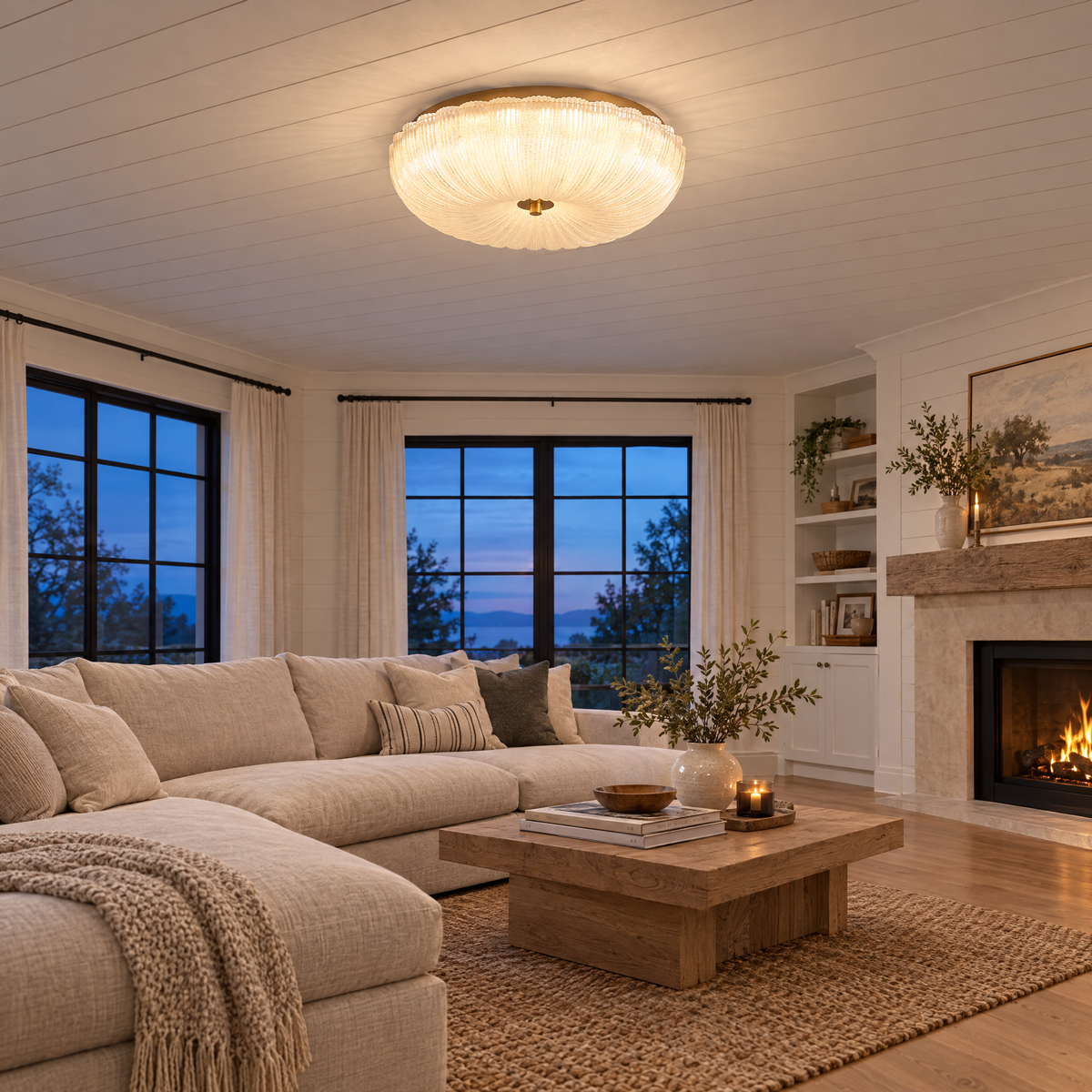 Givre ceiling light in frosted glass with gold trim in a modern farmhouse living room