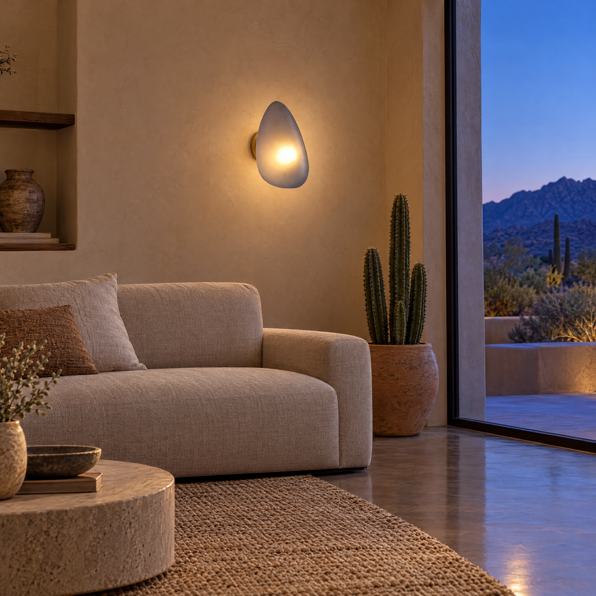 Opaline wall sconce in Smoky Gray & Gold, shape ∅7.1" x H11.8" in an Arizona desert modern adobe living room
